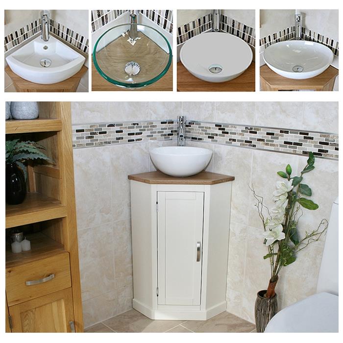 Cloakroom Corner Bathroom Vanity Off White / Cream Unit Oak Top