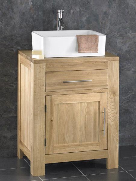 Solid Oak Bathroom 60cm Wide Vanity Furniture Unit Sink Cabinet Ceramic ...