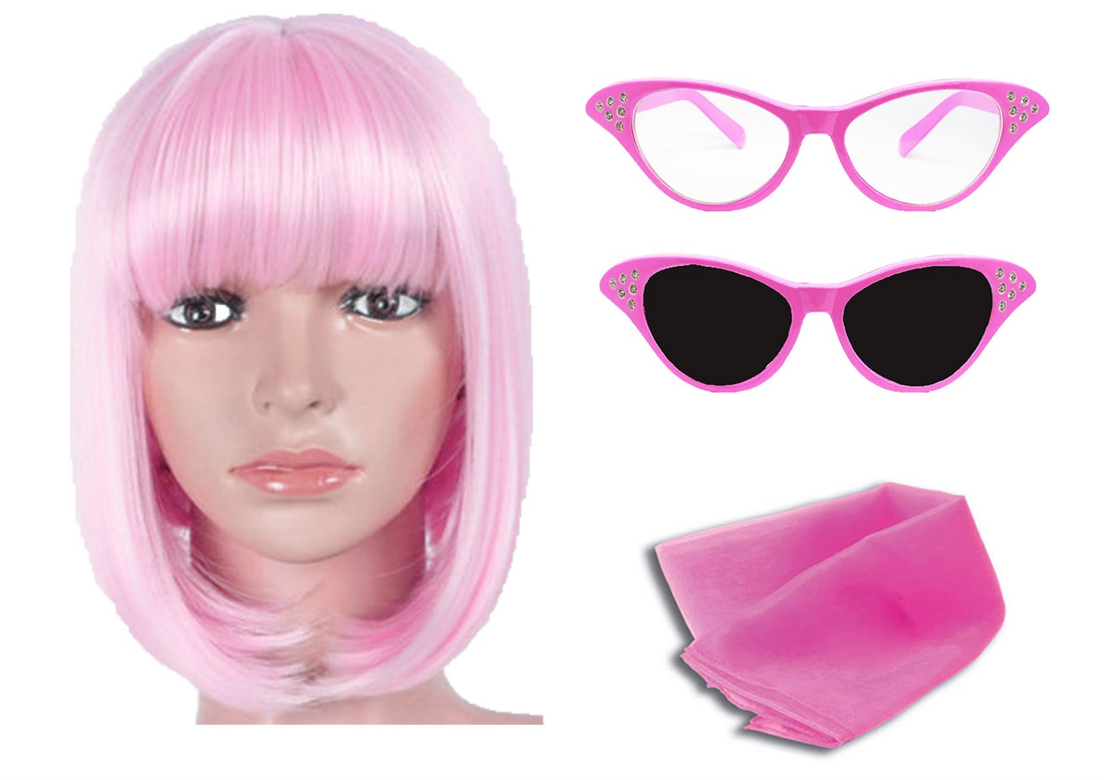 LADIES PINK GLASSES WITH DARK OR CLEAR LENSE SCARF 1950S FANCY DRESS ACCESSORY