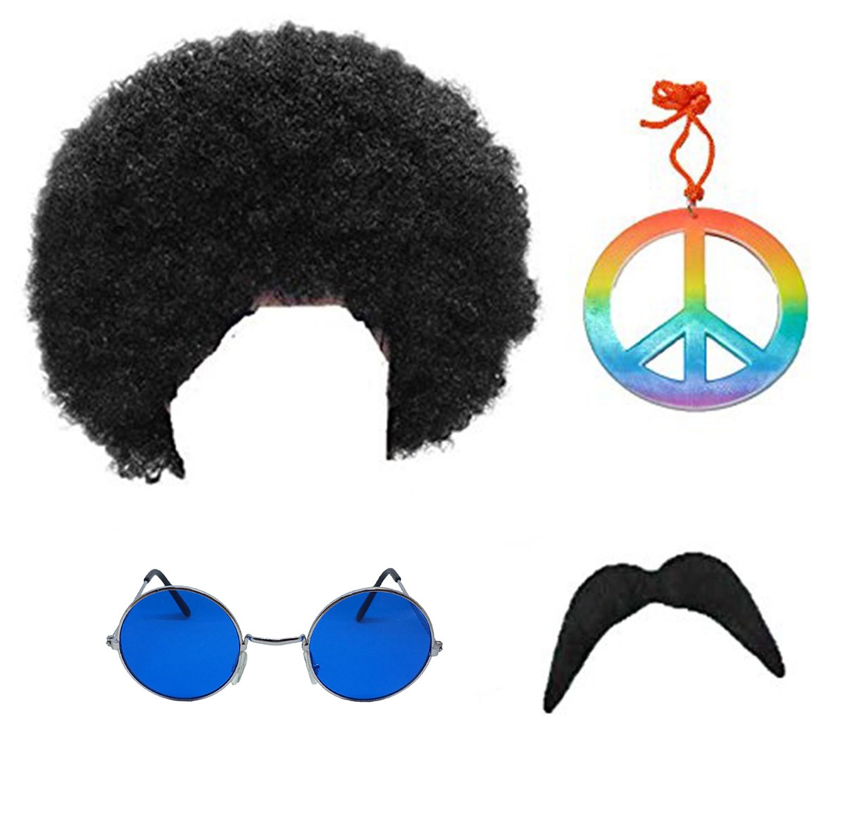 Adulto Costume hippie Pace Medaglione Pace Arcobaleno occhiali e baffi