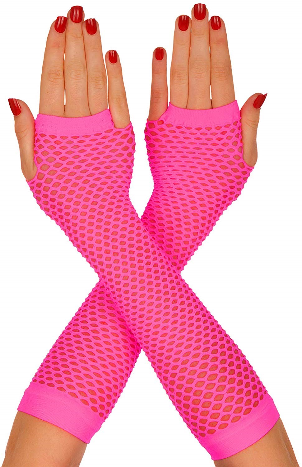 NEON PINK GLOVES 80S STYLE LONG FINGER LESS GLOVES FANCY DRESS