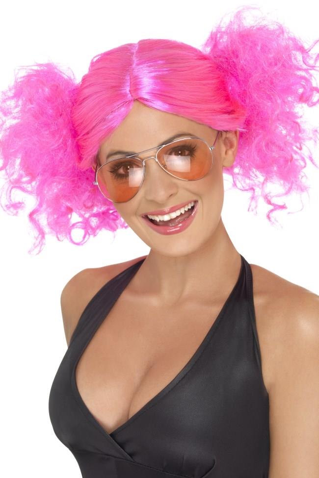 Ladies 80 S Neon Pink Bunches Wig Womens 80s Disco Puffs Fancy
