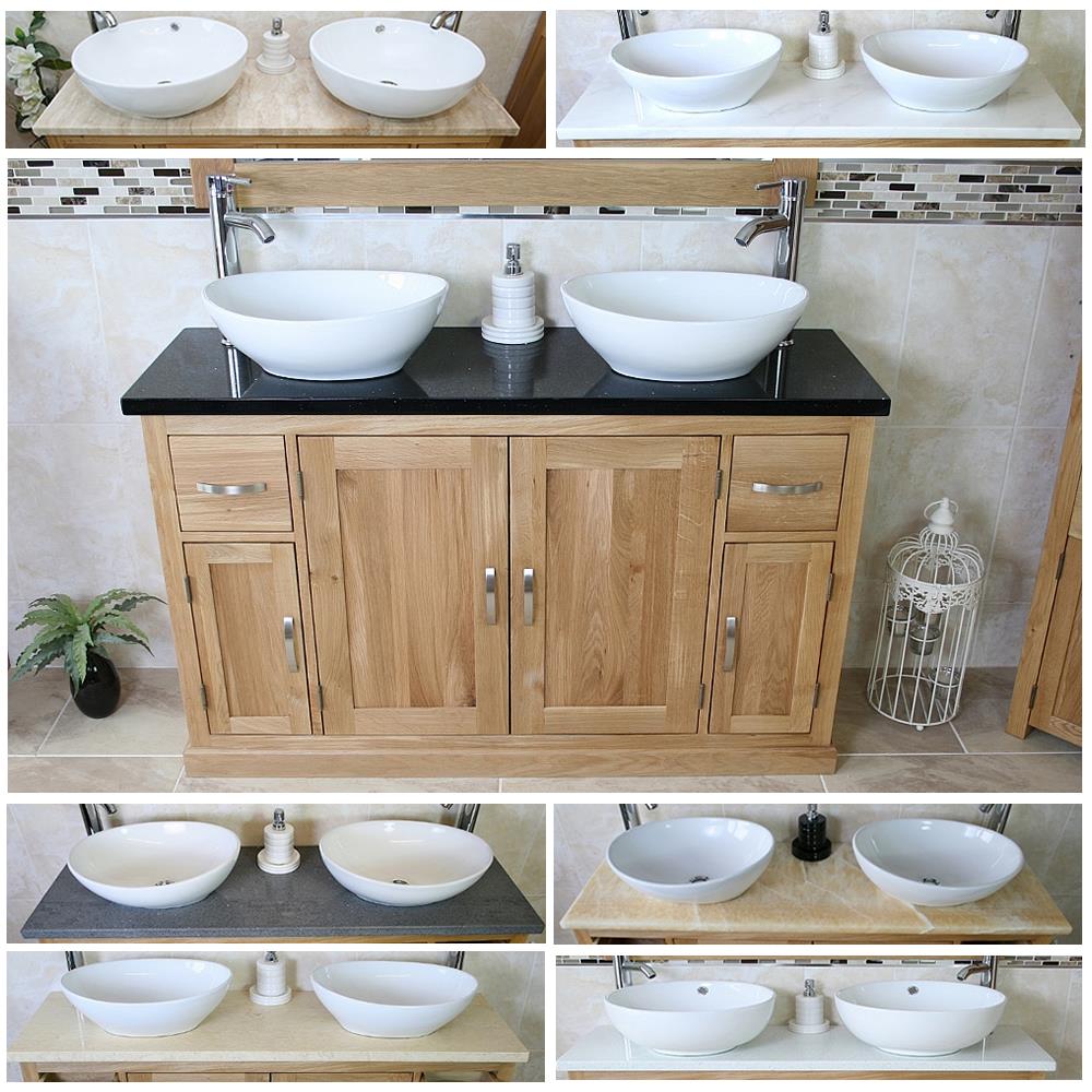 Solid Oak Bathroom Vanity Unit Twin Sink Bathroom Cabinet Stone Worktop Inc Ebay