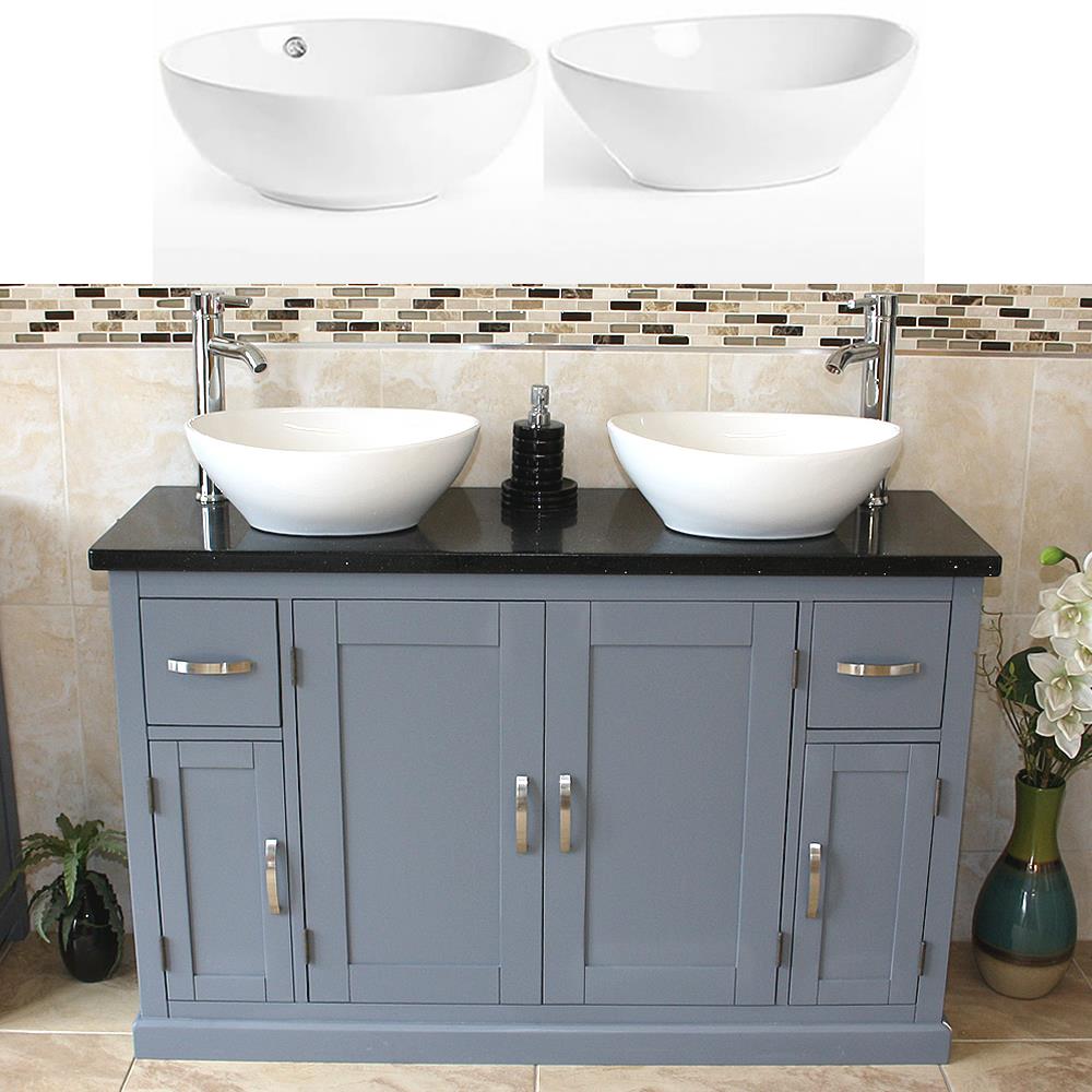 Grey Bathroom Vanity Double Unit Cabinet Twin Ceramic Bowl Basin