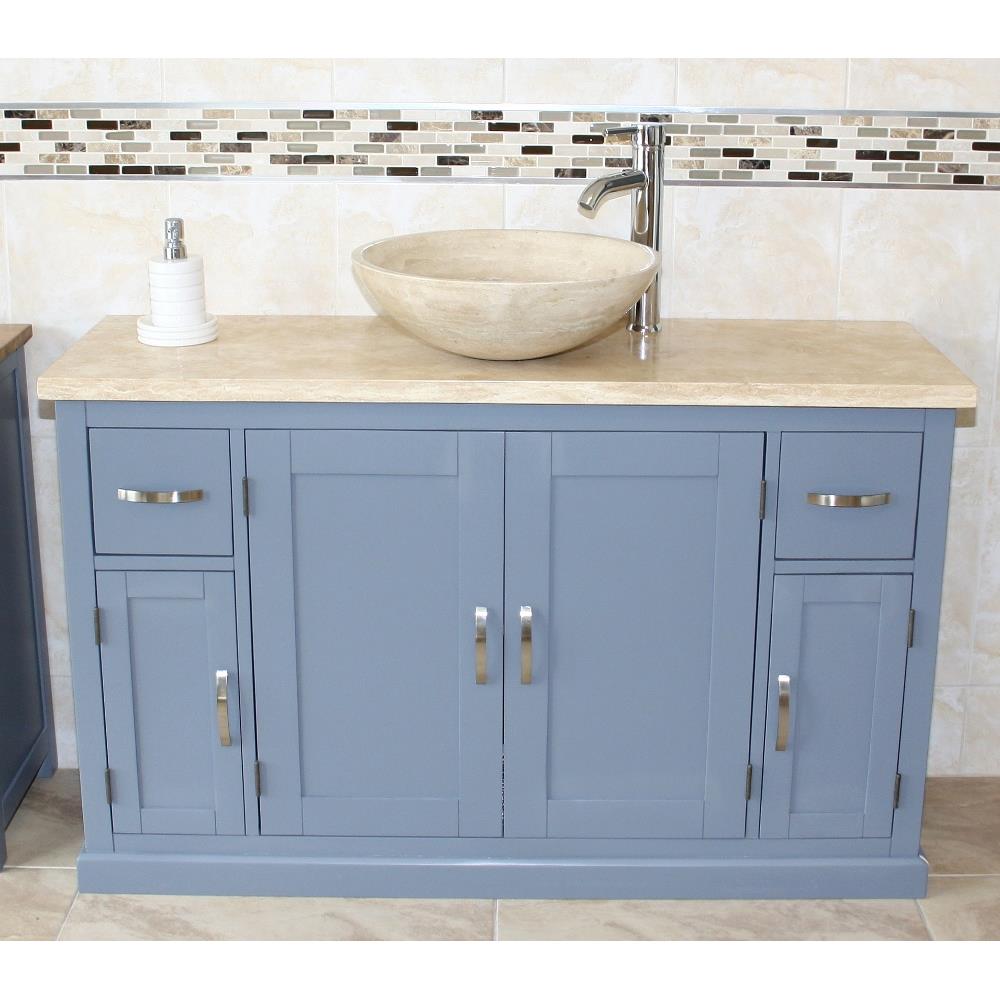 Bathroom Single Vanity Unit Grey Painted Cabinet Travertine Top