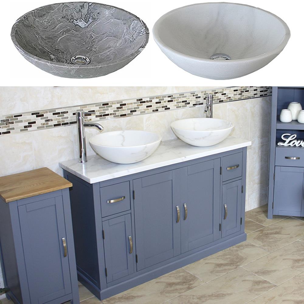 Bathroom Double Vanity Unit Grey Painted Cabinet White Marble Top