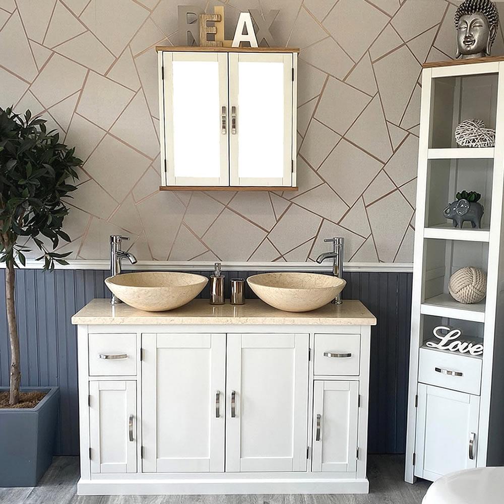 Off White Bathroom Vanity Cabinet Double Twin Sink Basin Cream Marble Unit Ebay