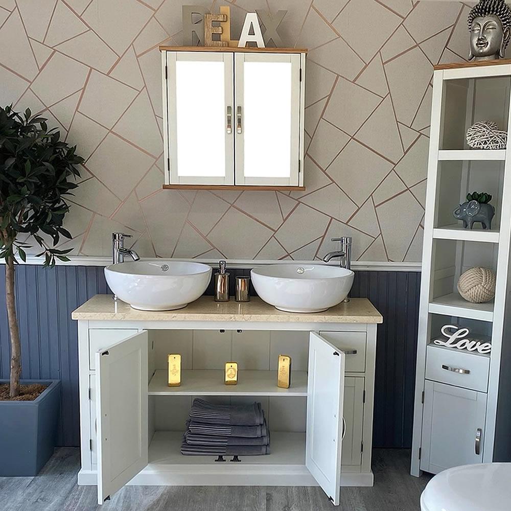 Off White Bathroom Vanity Unit with Cream Marble Top & Ceramic Basin