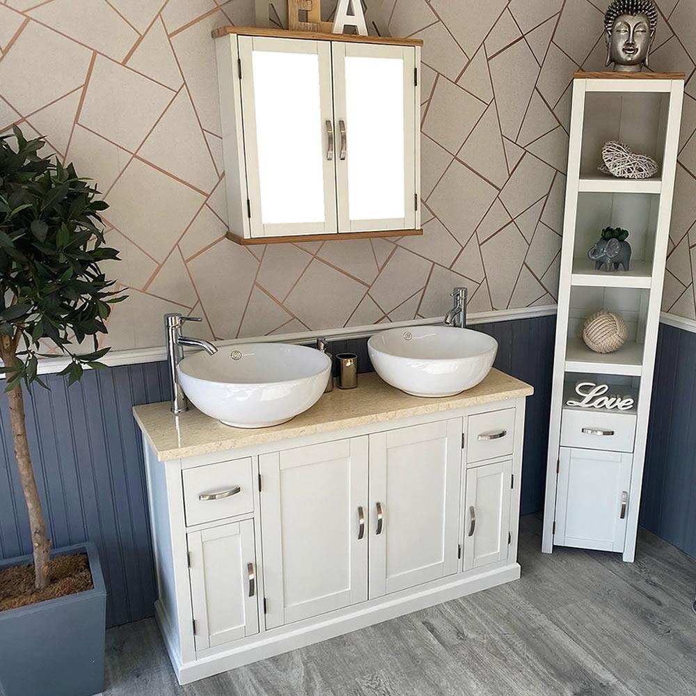 Off White Bathroom Vanity Unit with Cream Marble Top & Ceramic Basin
