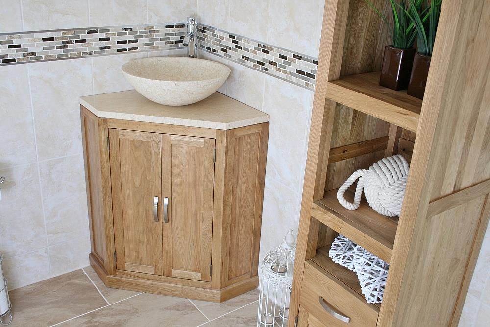 Bathroom Vanity Unit Free Standing Oak Corner Cream Marble Top