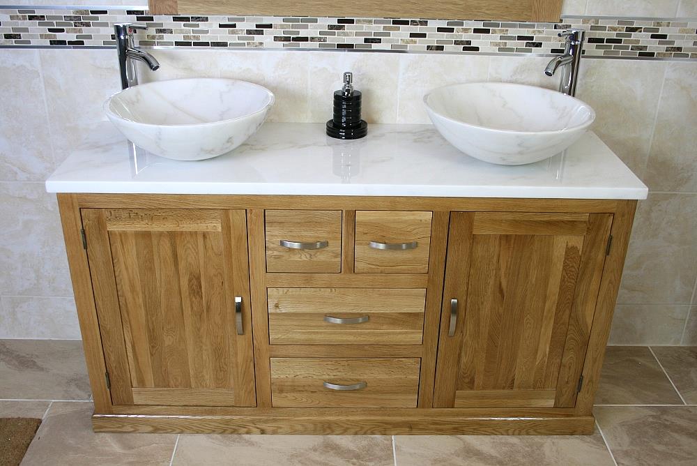 Oak Bathroom Vanity Unit Free Standing White & Grey Marble