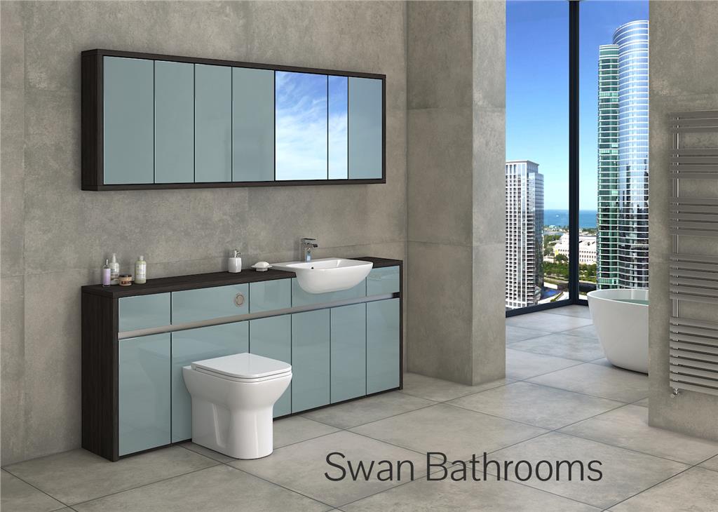 HACIENDA / METALLIC BLUE GLOSS BATHROOM FITTED FURNITURE WITH WALL