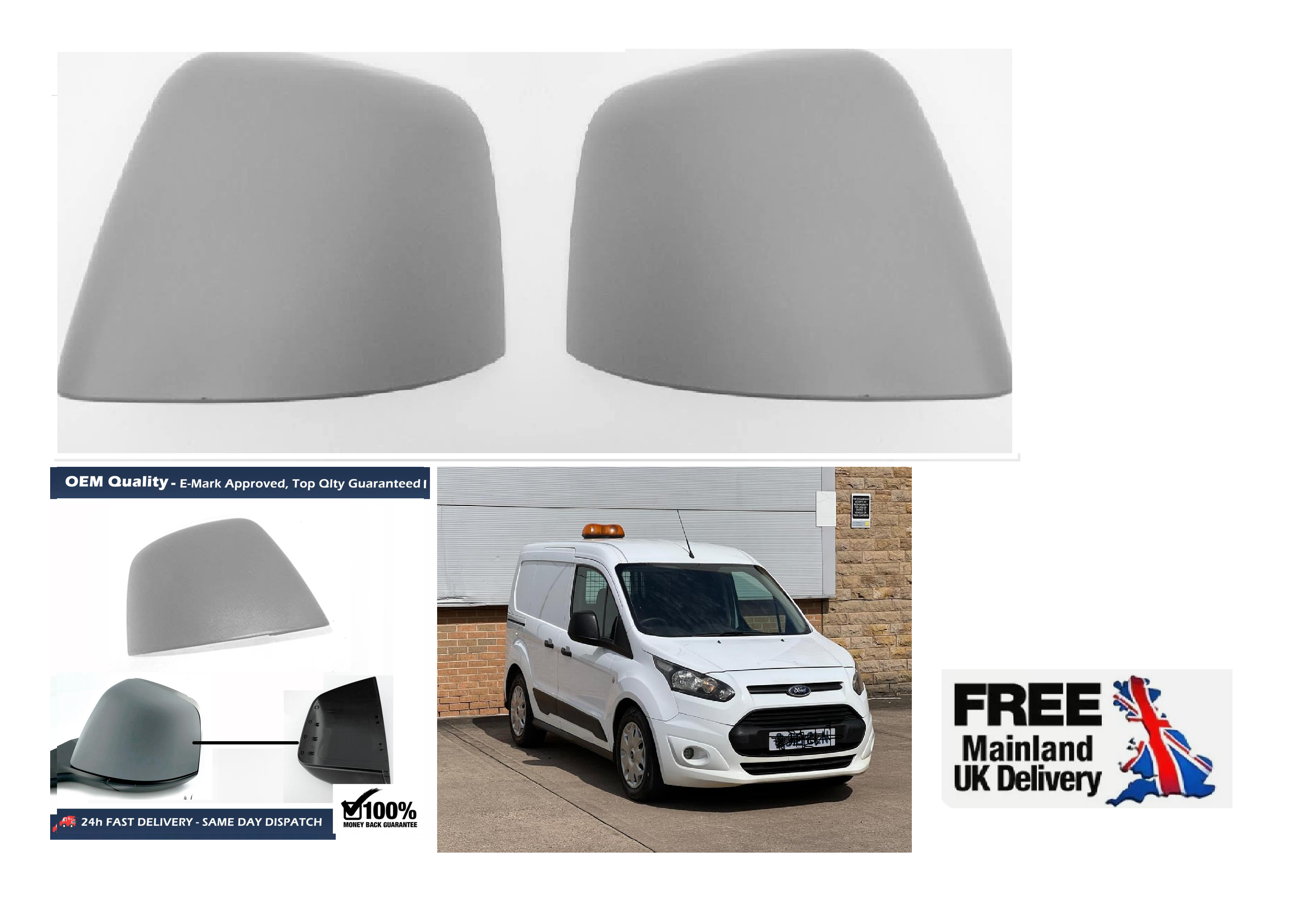 thumbnail image 2 of TWMC Pair Door Mirror Cover Cap – For Ford Transit Connect 2013-2018, Prime Paintable, UK Made 2 of 4