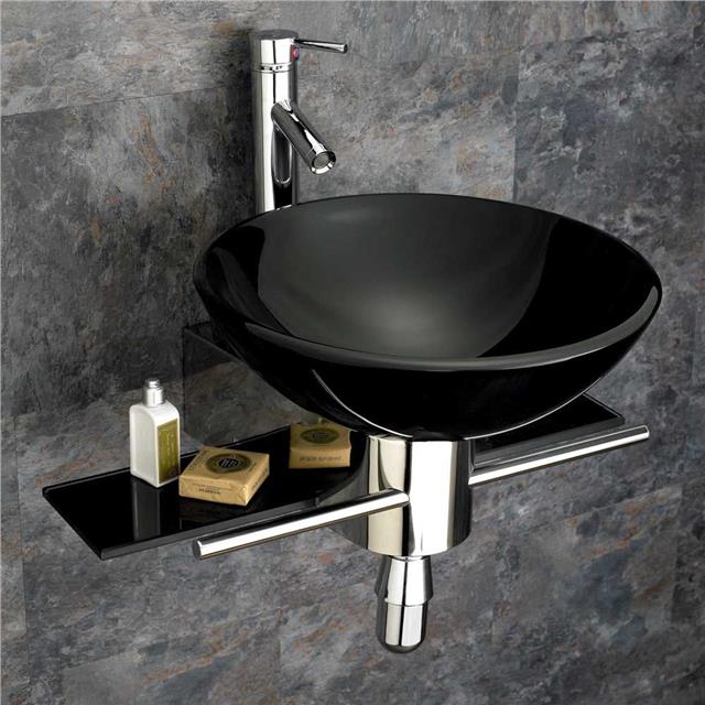 Details About Wall Mounted Basin Black Glass Round Bathroom Sink Towel Rail And Shelf Set