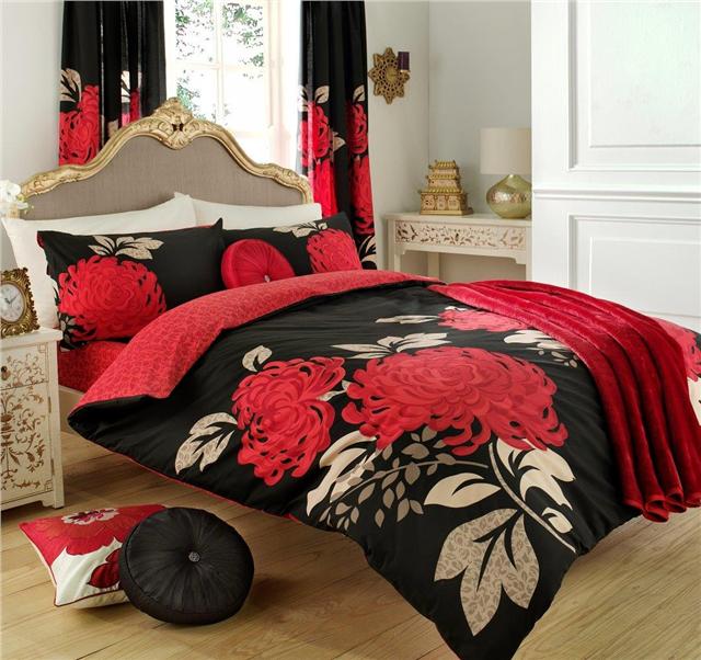 New Double Duvet Set Quilt Cover Black Red Elegant Flower Bed