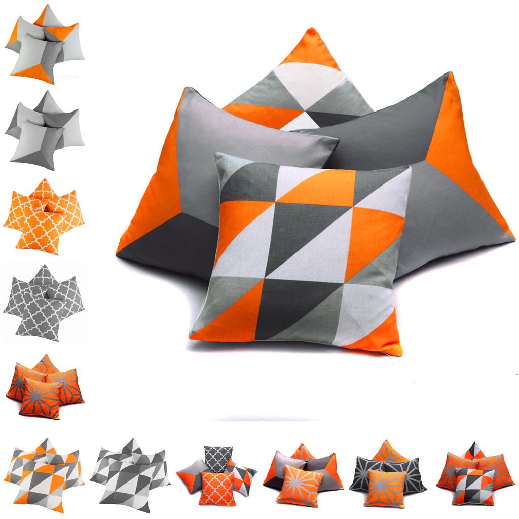 Set of 4 Designs Orange & Grey Geometric Collection 18 inch Cushion