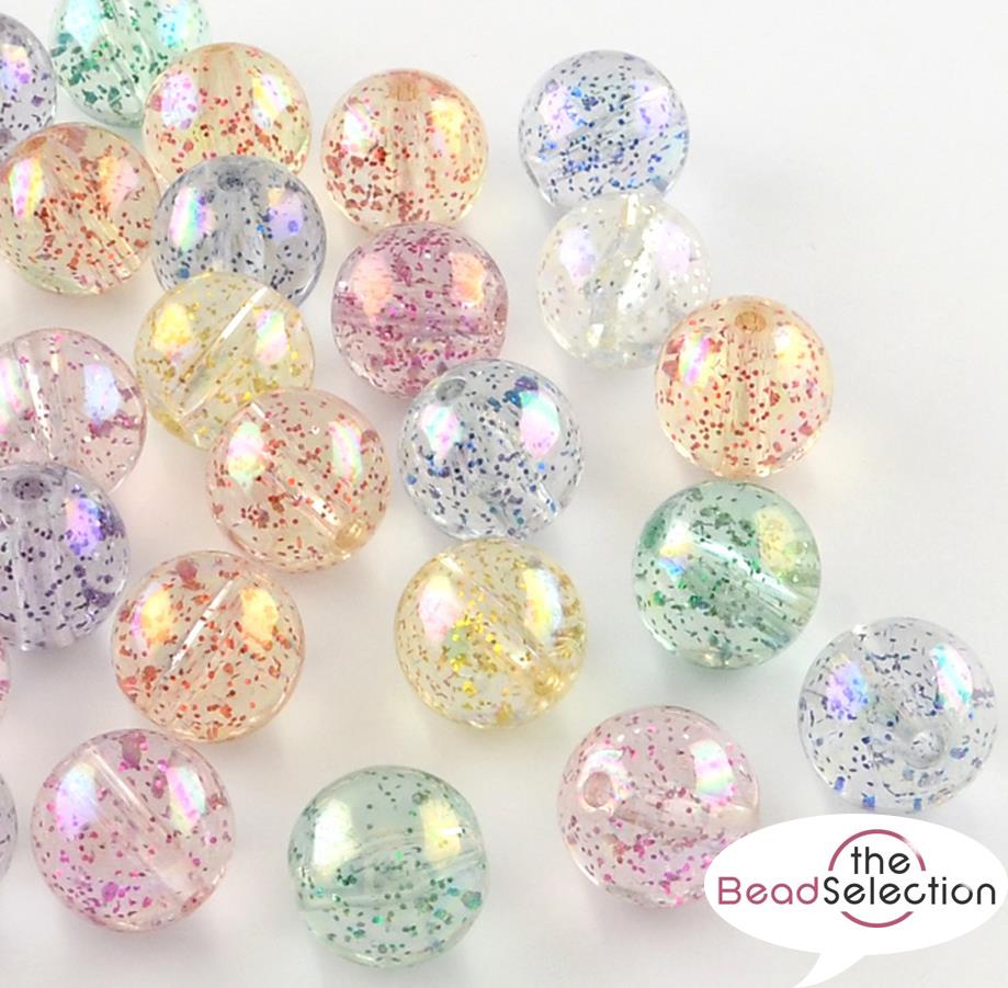 40 ACRYLIC BEADS GLITTER AB RAINBOW LUSTRE ROUND 10mm HOLE 2mm TOP