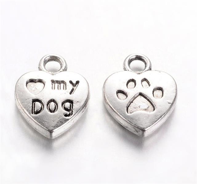 20 Tibetan Silver Love My Dog Heart Charms Paw Print