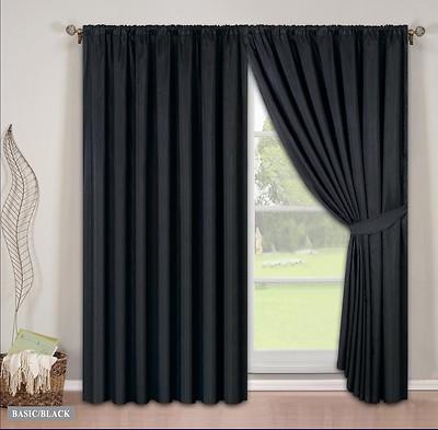 Black Lined Faux Silk Curtains Tiebacks in 8 Sizes 