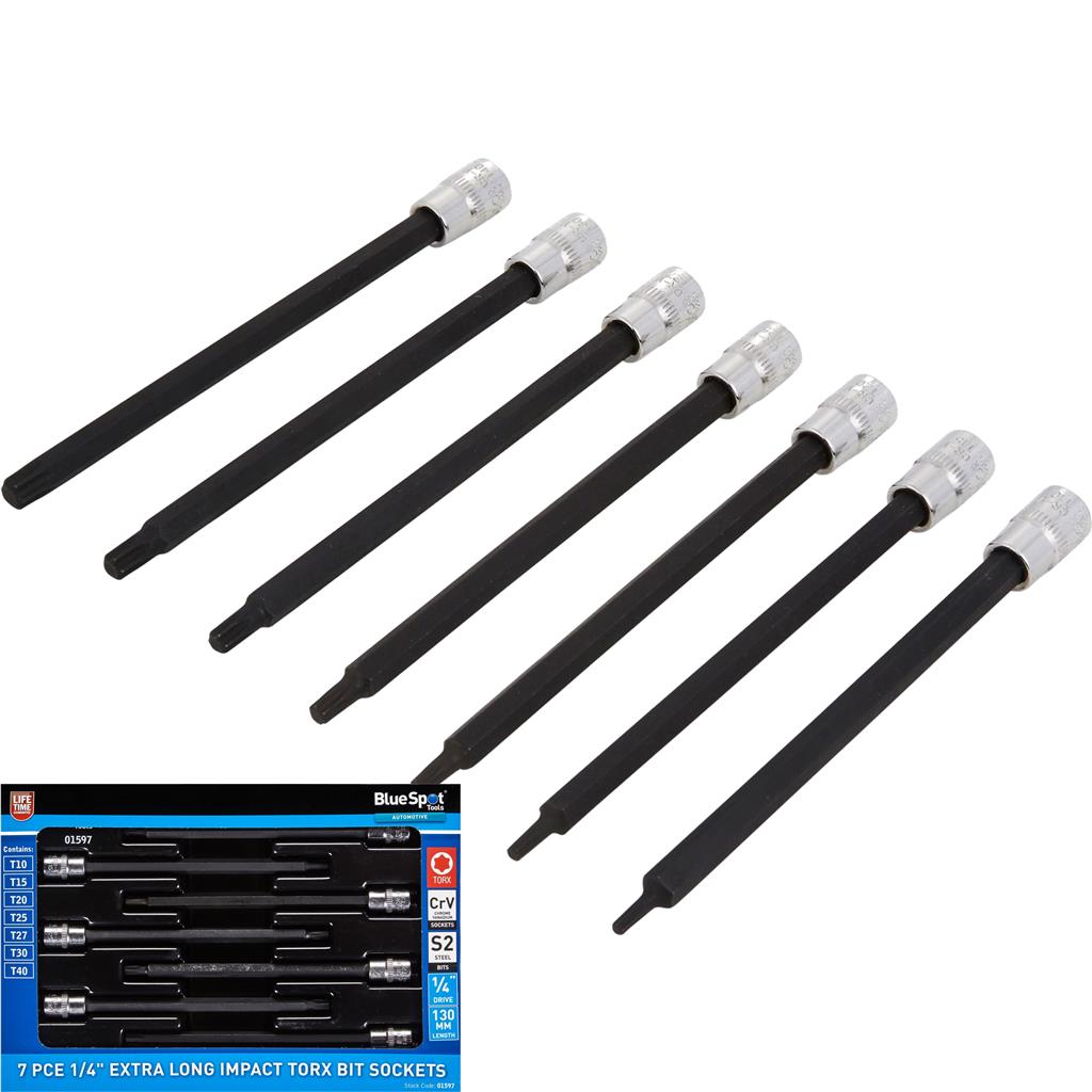 AB Tools 7pc Extra Long Torx Impact Bit Socket Set 1/4" Drive T10-T40 130mm CR-V S2 Steel