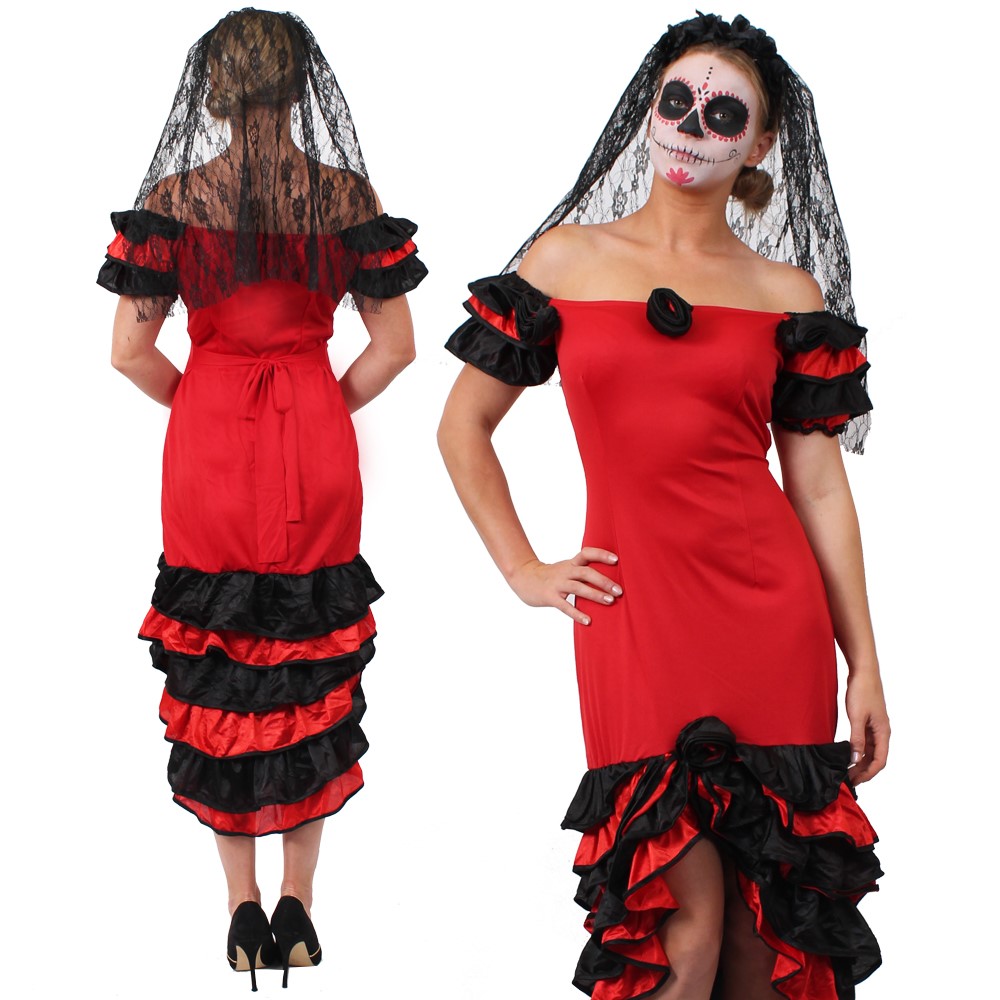 LADIES RUMBA DRESS VEIL SPANISH DAY OF THE DEAD COSTUME HALLOWEEN FANCY ...