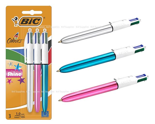 BIC 4 Multi Colour Shine Ballpoint Pen Blue Green Pink Silver Purple 3 Pack 