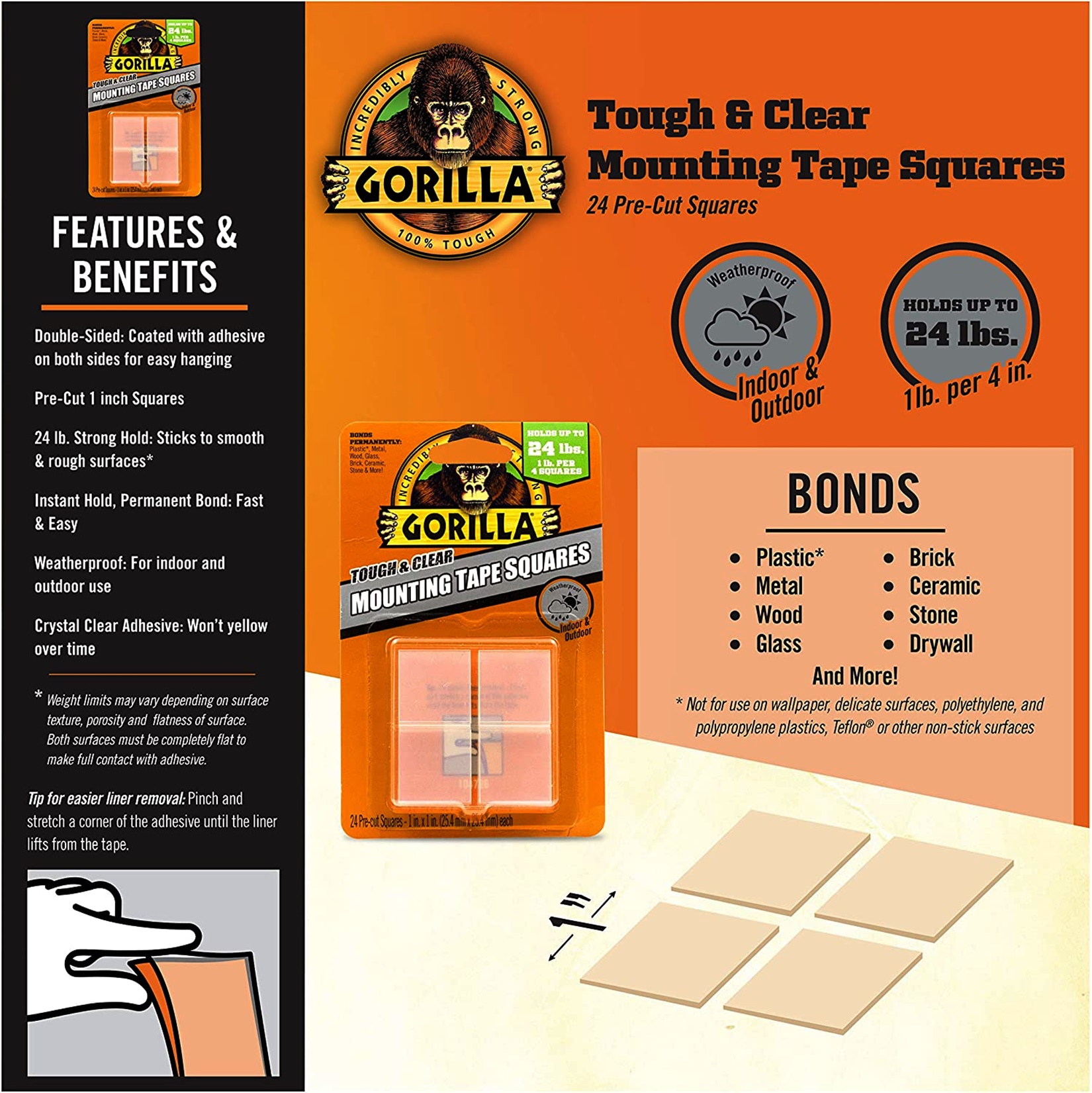 Gorilla Mounting Tape Squares Crystal Clear Double Sided Adhesive Sticky  Pads UK