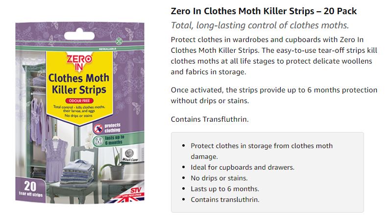 Zero In Clothes Odourless Moth Killer Protection Strips Pack of 20 ZER429  5036200344298