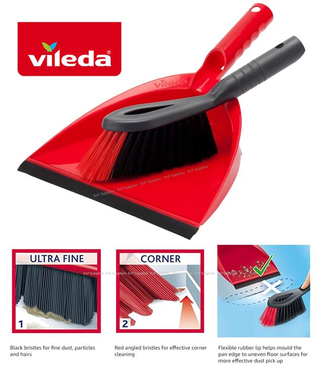 Vileda Dustpan and Brush Set Red Durable Plastic Dust Pan (2 in 1